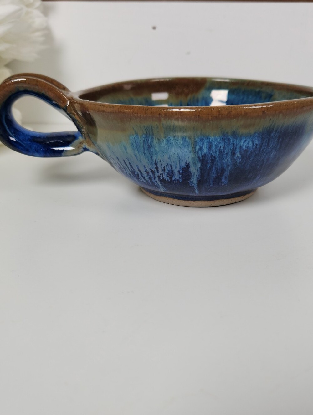 Vintage Signed Studio Pottery Bowl with Handle, Celestial Blue & Brown - Picture 4 of 10